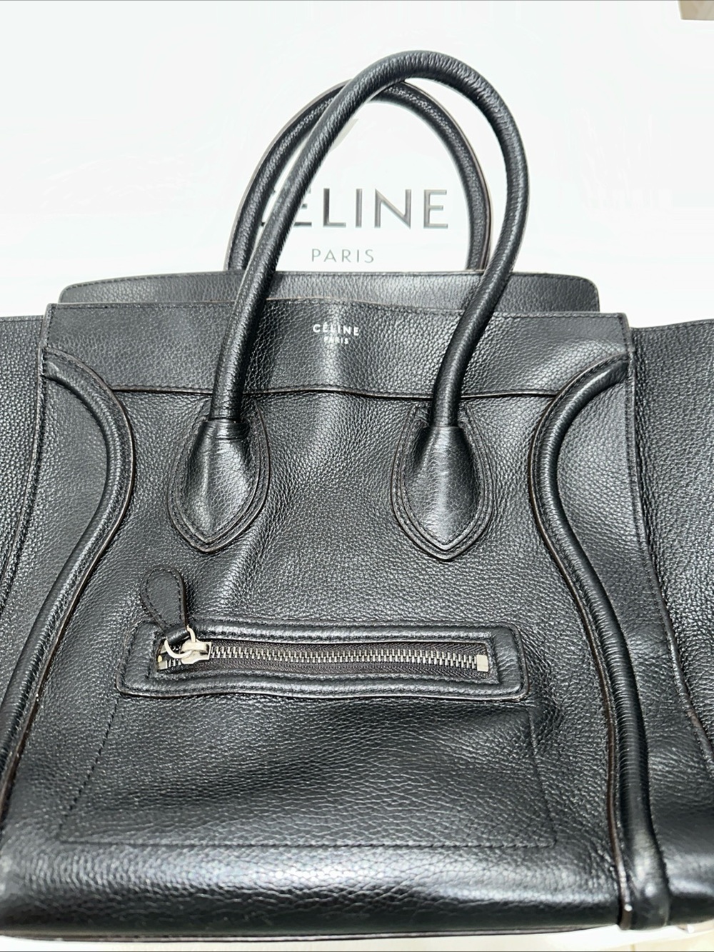 Celine Black Pebbled Leather Tote with Front Zip Pocket
